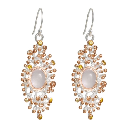 Handmade sterling silver earrings Evrima with platinum and rose gold plating and precious stones (pink quartz and zirconia) ENG-EE-01
