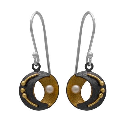 Handmade sterling silver earrings Evrima with black, gold and platinum plating and precious stones (pearls) ENG-KE-135-BG