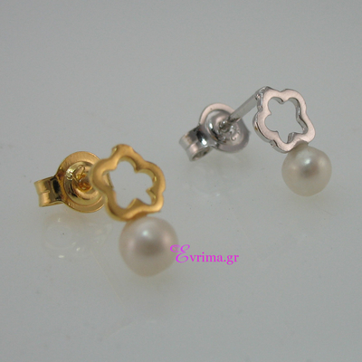 Handmade Earrings (Flower) with Sterling Silver Gold Plating and Precious Stones (Pearls). Product Code : IJ-020337