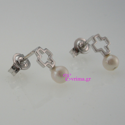 Handmade Earrings (Cross) with Sterling Silver Platinum Plating and Precious Stones (Pearls). Product Code : IJ-020340-SILVER