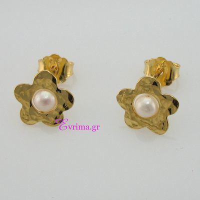 Handmade Earrings (Flower) with Sterling Silver Gold Plating and Precious Stones (Pearls). Product Code : IJ-020347