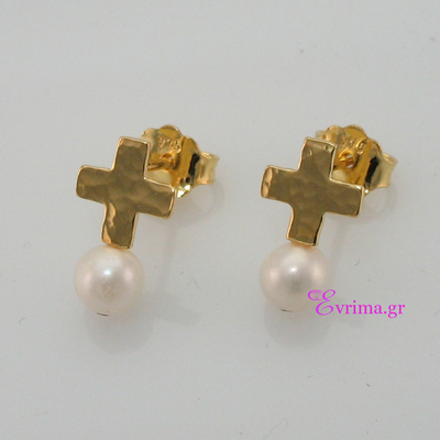 Handmade Earrings (Cross) with Sterling Silver Gold Plating and Precious Stones (Pearls). Product Code : IJ-020350
