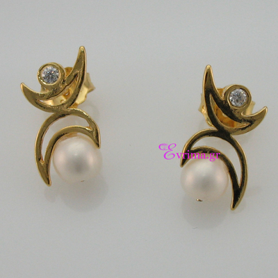 Handmade Earrings with Sterling Silver Gold Plating and Precious Stones (Pearls and Zirconia). Product Code : IJ-020354