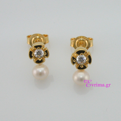 Handmade Earrings with Sterling Silver Gold Plating and Precious Stones (Pearls and Zirconia). Product Code : IJ-020361