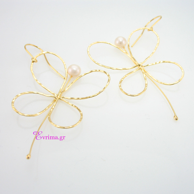 Handmade Earrings (Butterfly) with Sterling Silver Gold Plating and Precious Stones (Pearls). Product Code : IJ-020370