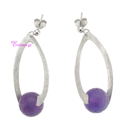 Handmade Earrings (Hoops) with Sterling Silver Platinum Plating and Precious Stones (Agate). Product Code : IJ-020394