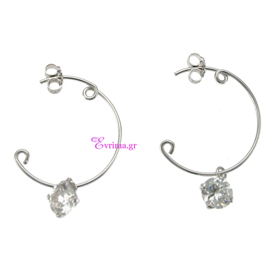 Handmade Earrings (Hoops) with Sterling Silver Platinum Plating and Precious Stones (Zirconia). Product Code : IJ-020399-SILVER