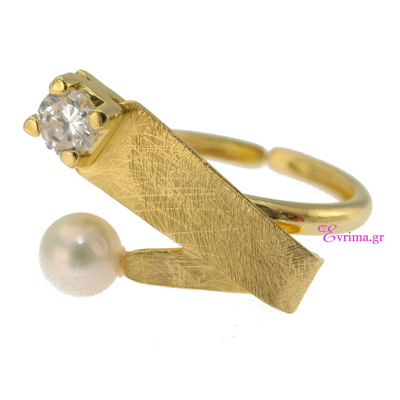 Χειροποίητο δαχτυλίδι από επιχρυσωμένο ασήμι 925ο με ημιπολύτιμες πέτρες (Πέρλες και Ζιργκόν). IJ-010417