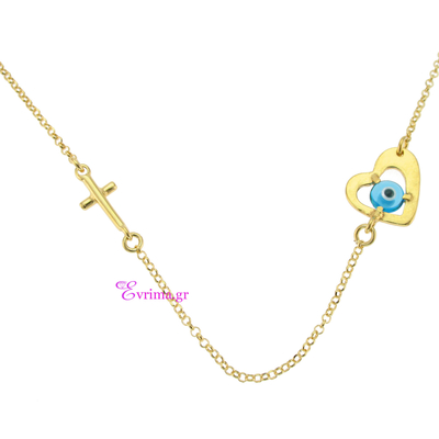 Handmade Necklace (Cross and Heart) with Sterling Silver Gold Plating and Precious Stones (Eye). Product Code : IJ-040048