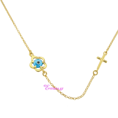 Handmade Necklace (Cross and Flower) with Sterling Silver Gold Plating and Precious Stones (Eye). Product Code : IJ-040050