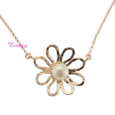 Handmade Necklace (Flower) with Sterling Silver Rose Gold Plating and Precious Stones (Pearls). Product Code : IJ-040052
