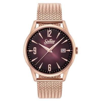 Sixties vintage unisex watch with rose gold stainless steel frame and metallic strap RGME-06