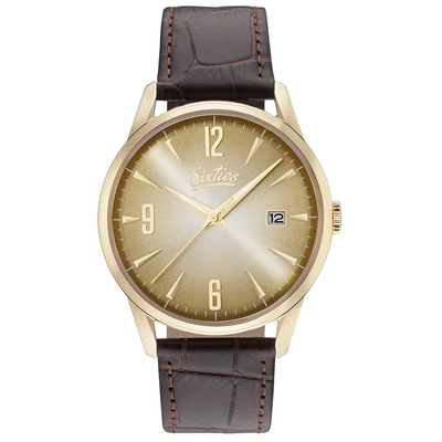 Sixties vintage unisex watch with gold stainless steel frame and leather strap GL-04-5