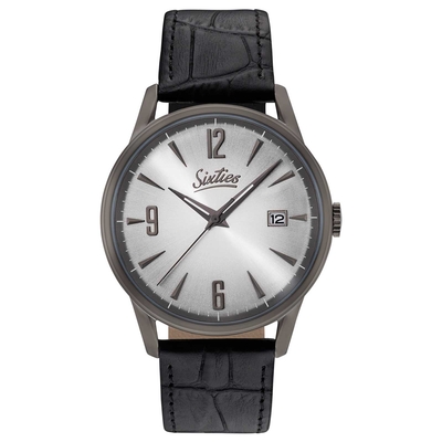 Sixties vintage unisex watch with grey stainless steel frame and leather strap GUL-02-1
