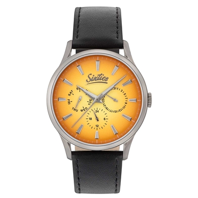 Sixties vintage unisex watch with silver stainless steel frame and leather strap GUL600-12-1