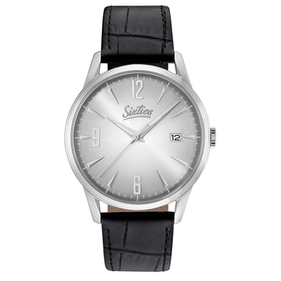 Sixties vintage unisex watch with silver stainless steel frame and leather strap SL-02-1