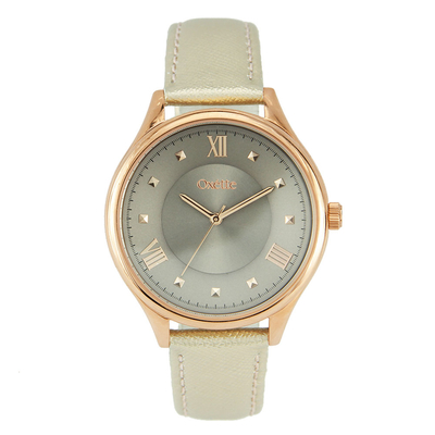 Oxette Stainless Steel Watch 11X65-00178 with rose gold case and leather strap.