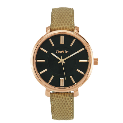 Oxette Stainless Steel Watch 11X65-00182 with rose gold case and leather strap.