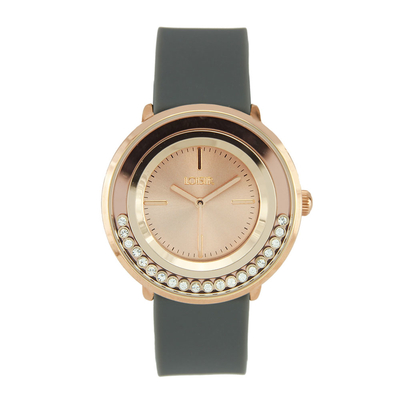 Loisir Watch 11L75-00269 with rose gold case and rubber strap.