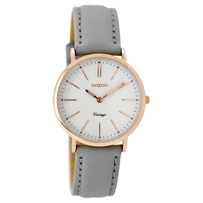 OOZOO Timepieces C8820 ladies watch with rose gold metallic frame and grey leather strap