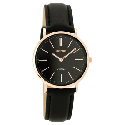 OOZOO Timepieces C8824 γυναικείο ρολόι με ροζ χρυσή μεταλλική κάσα και μαύρο δερμάτινο λουράκι