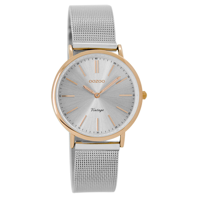 OOZOO Timepieces C8827 ladies watch with rose gold metallic frame and silver metal band
