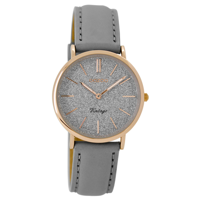 OOZOO Timepieces C8831 γυναικείο ρολόι με ροζ χρυσή μεταλλική κάσα και γκρι δερμάτινο λουράκι