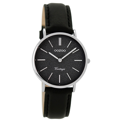 OOZOO Timepieces C8836 ladies watch with silver metallic frame and black leather strap