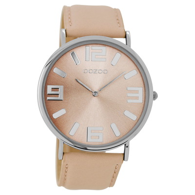 OOZOO Timepieces C8840 unisex watch with silver metallic frame and pink leather strap