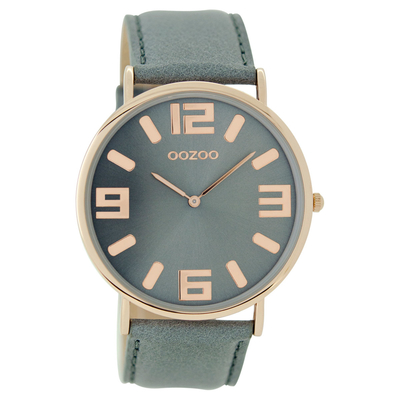 OOZOO Timepieces C8847 unisex watch with rose gold metallic frame and grey leather strap