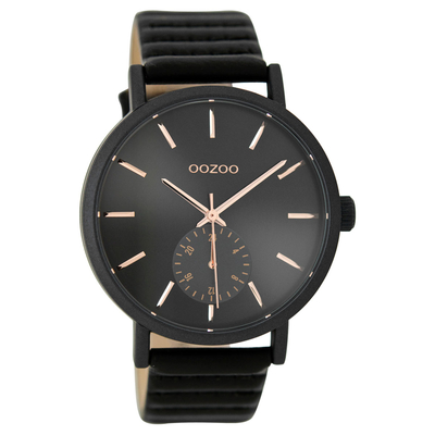 OOZOO Timepieces C9189 ladies watch with black metallic frame and black leather strap