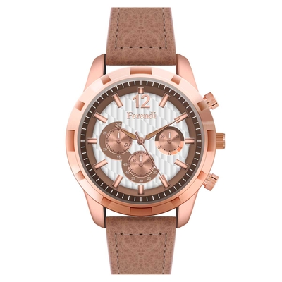 Ferendi watch 3422-3 with rose gold alloy frame and leather strap. This watch belongs to Ferendi Storm Collection.