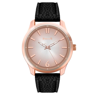 Ferendi watch 9965-7 with rose gold alloy frame and leather strap. This watch belongs to Ferendi Glare Collection.