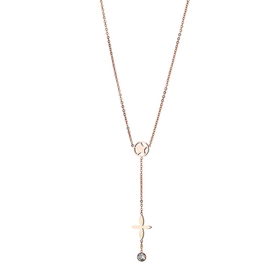 Loisir Stainless Steel Necklace 01L27-00615 Cross with Precious Stones (Quartz Crystals) and Ion Plated Rose Gold