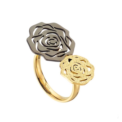 Loisir Stainless Steel Ring 04L27-00705 Flower with Ion Plated Black and Gold