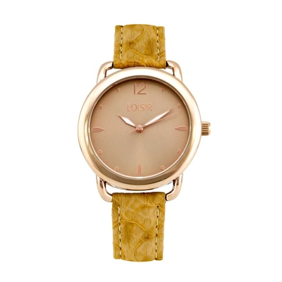 Loisir Watch 11L65-00126 with rose gold metallic case and leather strap