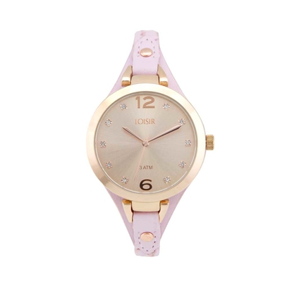 Loisir Watch 11L65-00130 with rose gold metallic case and leather strap