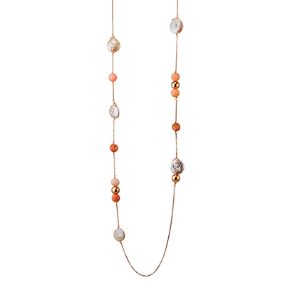 Oxette Sterling Silver Necklace 01X05-02051 with Rose Gold Plating and Precious Stones (Pearls and Agate)