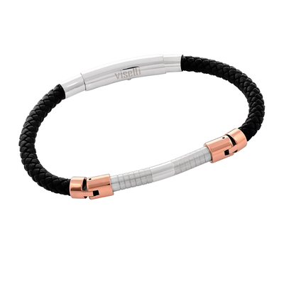 Visetti Stainless Steel Men Bracelet AN-BR007 with Leather Strap and Ion Plated Rose Gold