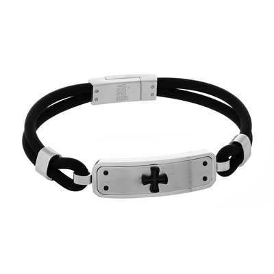 Visetti Stainless Steel Men Bracelet Cross HT-BR001 with Leather Strap and Ion Plated Black