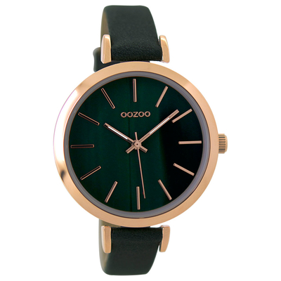 OOZOO Timepieces C9238 ladies watch with rose gold metallic frame and dark green leather strap