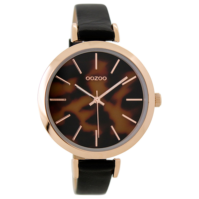 OOZOO Timepieces C9239 γυναικείο ρολόι με ροζ χρυσή μεταλλική κάσα και μαύρο δερμάτινο λουράκι