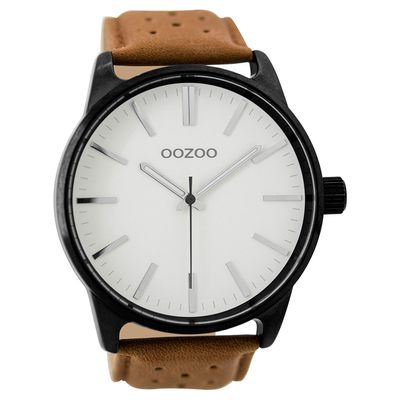 OOZOO Timepieces C9420 unisex ρολόι XL με μαύρη μεταλλική κάσα και καφέ δερμάτινο λουράκι