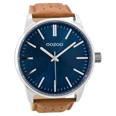 OOZOO Timepieces C9422 unisex ρολόι XL με ασημί μεταλλική κάσα και καφέ δερμάτινο λουράκι
