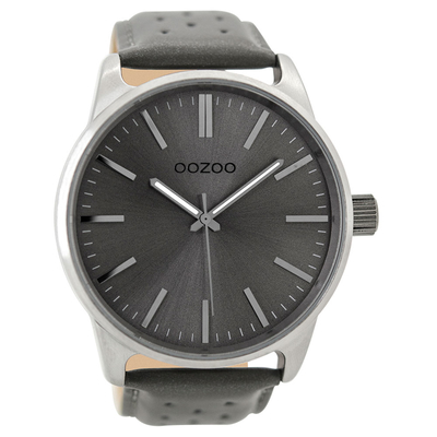OOZOO Timepieces C9423 unisex ρολόι XL με ασημί μεταλλική κάσα και γκρι δερμάτινο λουράκι