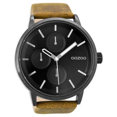 OOZOO Timepieces C9428 unisex ρολόι XL με μαύρη μεταλλική κάσα και κάμελ δερμάτινο λουράκι