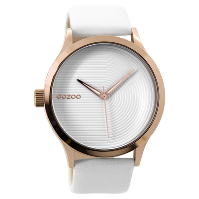 OOZOO Timepieces C9430 unisex watch with rose gold metallic frame and white leather strap