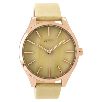 OOZOO Timepieces C9500 γυναικείο ρολόι XL με ροζ χρυσή μεταλλική κάσα και απαλό καφέ δερμάτινο λουράκι