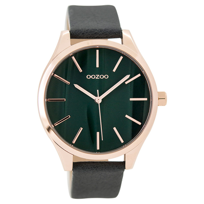 OOZOO Timepieces C9503 γυναικείο ρολόι XL με ροζ χρυσή μεταλλική κάσα και σκούρο πράσινο δερμάτινο λουράκι