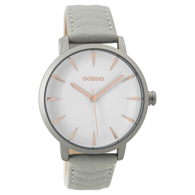 OOZOO Timepieces C9506 ladies watch with silver metallic frame and grey leather strap